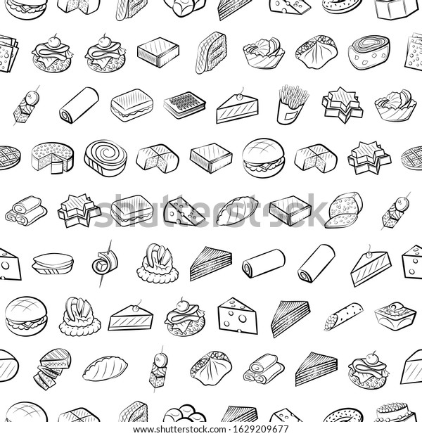 American food, Bakery products,\
Cheeses and Snacks set. Background for printing, design, web.\
Usable as icons. Seamless. Monochrome binary, black and\
white.