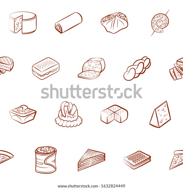 American food, Bakery products, Cheeses and Snacks\
set. Background for printing, design, web. Usable as icons.\
Seamless. Binary\
color.