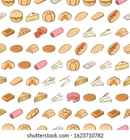 American food, Bakery products and Cutlery set. Background for printing, design, web. Usable as icons. Seamless. Colored.