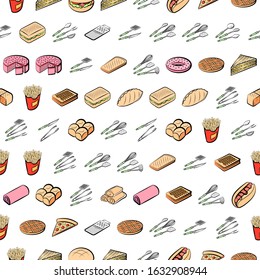 American food, Bakery products and Cutlery set. Background for printing, design, web. Usable as icons. Seamless. Colored.