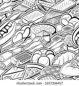 American food, Bakery products and Cutlery pattern. Background for printing, design, web. Seamless. Monochrome binary, black and white.