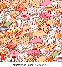 American food, Bakery products, Cutlery and Table setting pattern. Background for printing, design, web. Seamless. Colored.