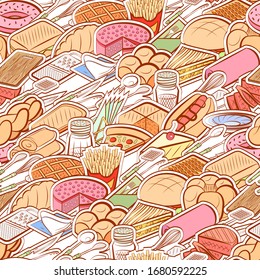 American food, Bakery products, Cutlery and Table setting pattern. Background for printing, design, web. Seamless. Colored.