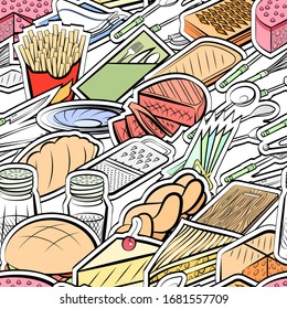 American food, Bakery products, Cutlery and Table setting pattern. Background for printing, design, web. Seamless. Colored.