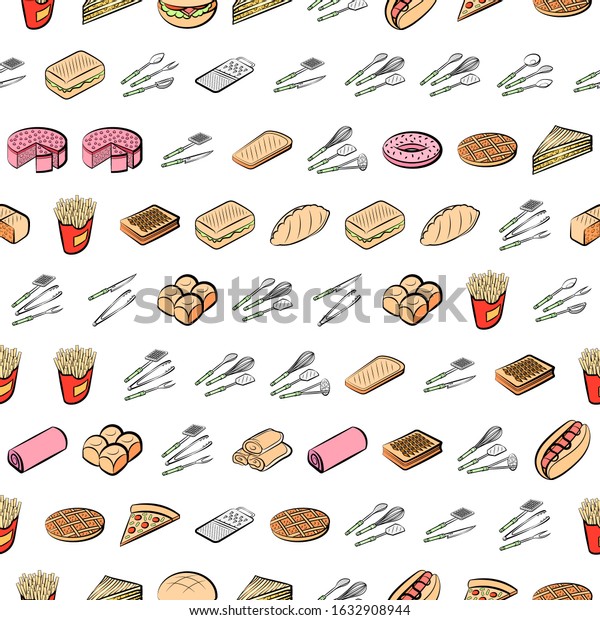 American\
food, Bakery products and Cutlery set. Background for printing,\
design, web. Usable as icons. Seamless.\
Colored.