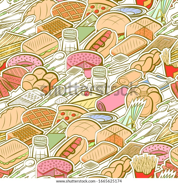 American food, Bakery products, Cutlery and\
Table setting pattern. Background for printing, design, web.\
Seamless. Colored.