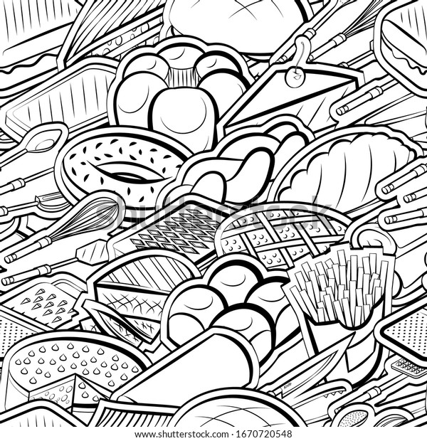 American food, Bakery products and Cutlery\
pattern. Background for printing, design, web. Seamless. Monochrome\
binary, black and\
white.