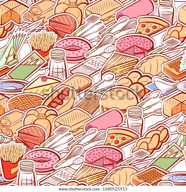 American food, Bakery products, Cutlery and\
Table setting pattern. Background for printing, design, web.\
Seamless. Colored.