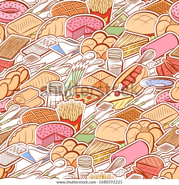 American food, Bakery products, Cutlery and
Table setting pattern. Background for printing, design, web.
Seamless. Colored.