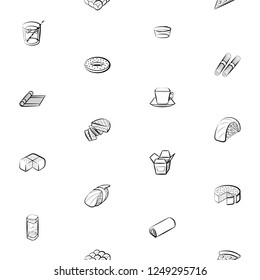 American food, Bakery products, Drinks and Japanese food set. Background for printing, design, web. Usable as icons. Seamless. Monochrome binary, black and white.