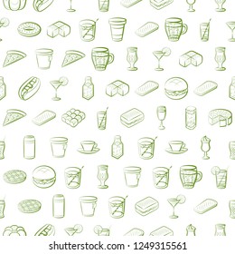 American food, Bakery products and Drinks set. Background for printing, design, web. Usable as icons. Seamless. Color.