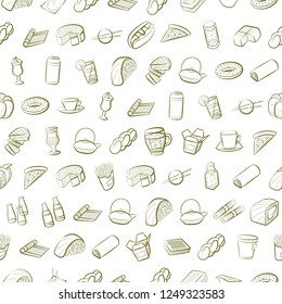 American food, Bakery products, Drinks and Japanese food set. Background for printing, design, web. Usable as icons. Seamless. Color.