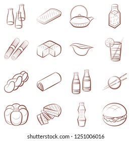 American food, Bakery products, Drinks and Japanese food set. Background for printing, design, web. Usable as icons. Seamless. Color.