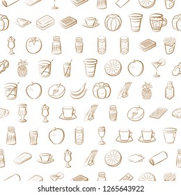 American food, Bakery products, Drinks, Fruits and Table setting set. Background for printing, design, web. Usable as icons. Seamless. Color.