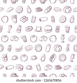 American food, Bakery products, Drinks, Fruits and Table setting set. Background for printing, design, web. Usable as icons. Seamless. Color.