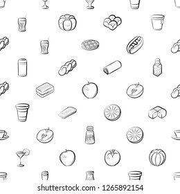 American food, Bakery products, Drinks, Fruits and Table setting set. Background for printing, design, web. Usable as icons. Seamless. Monochrome binary, black and white.