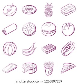 American food, Bakery products and Fruits set. Background for printing, design, web. Usable as icons. Seamless. Color.