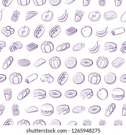 American food, Bakery products and Fruits set. Background for printing, design, web. Usable as icons. Seamless. Color.