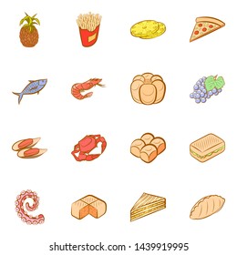 American food, Bakery products, Fruits and Seafood set. Background for printing, design, web. Usable as icons. Colored.