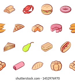 American food, Bakery products, Fruits and Seafood set. Background for printing, design, web. Usable as icons. Seamless. Colored.