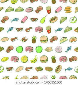 American food, Bakery products, Fruits and Seafood set. Background for printing, design, web. Usable as icons. Seamless. Colored.