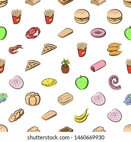 American food, Bakery products, Fruits and Seafood set. Background for printing, design, web. Usable as icons. Seamless. Colored.