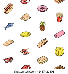 American food, Bakery products, Fruits and Seafood set. Background for printing, design, web. Usable as icons. Seamless. Colored.