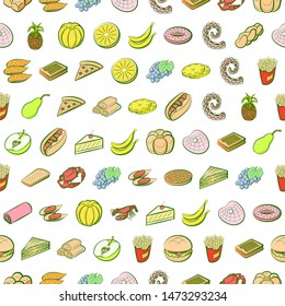 American food, Bakery products, Fruits and Seafood set. Background for printing, design, web. Usable as icons. Seamless. Colored.