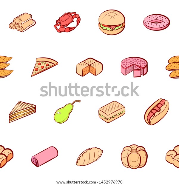 American food, Bakery products, Fruits and\
Seafood set. Background for printing, design, web. Usable as icons.\
Seamless. Colored.