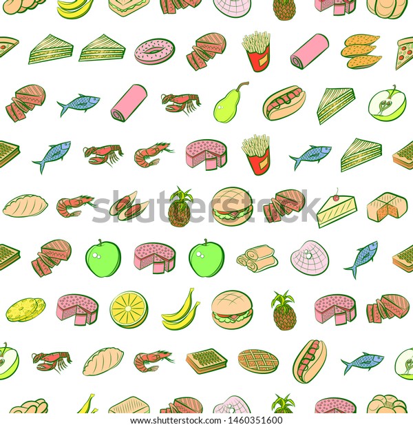 American food, Bakery products, Fruits and\
Seafood set. Background for printing, design, web. Usable as icons.\
Seamless. Colored.