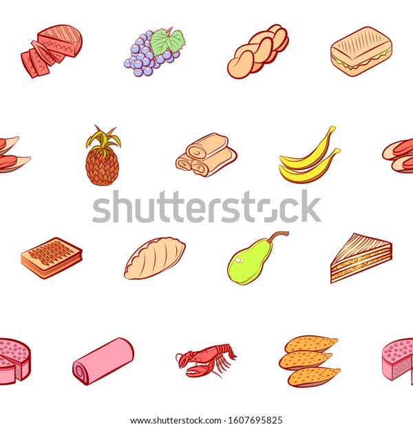 American food, Bakery products, Fruits and
Seafood set. Background for printing, design, web. Usable as icons.
Seamless. Colored.