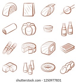 American food, Bakery products and Japanese food set. Background for printing, design, web. Usable as icons. Seamless. Color.