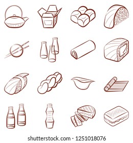 American food, Bakery products and Japanese food set. Background for printing, design, web. Usable as icons. Seamless. Color.