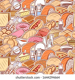 American food, Bakery products and Japanese food pattern. Background for printing, design, web. Seamless. Colored.