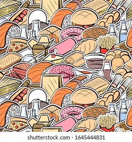 American food, Bakery products and Japanese food pattern. Background for printing, design, web. Seamless. Colored.