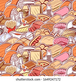 American food, Bakery products and Japanese food pattern. Background for printing, design, web. Seamless. Colored.