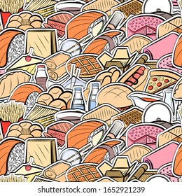 American food, Bakery products and Japanese food pattern. Background for printing, design, web. Seamless. Colored.