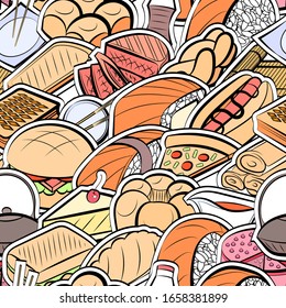 American food, Bakery products and Japanese food pattern. Background for printing, design, web. Seamless. Colored.