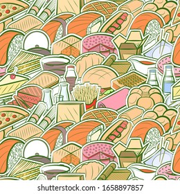 American food, Bakery products and Japanese food pattern. Background for printing, design, web. Seamless. Colored.