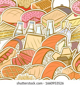 American food, Bakery products and Japanese food pattern. Background for printing, design, web. Seamless. Colored.