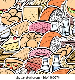 American food, Bakery products and Japanese food pattern. Background for printing, design, web. Seamless. Colored.