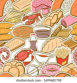 American food, Bakery products, Japanese food and Seafood pattern. Background for printing, design, web. Seamless. Colored.