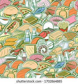 American food, Bakery products, Japanese food and Seafood pattern. Background for printing, design, web. Seamless. Colored.