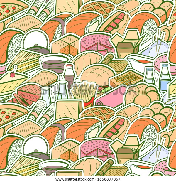 American food,\
Bakery products and Japanese food pattern. Background for printing,\
design, web. Seamless.\
Colored.
