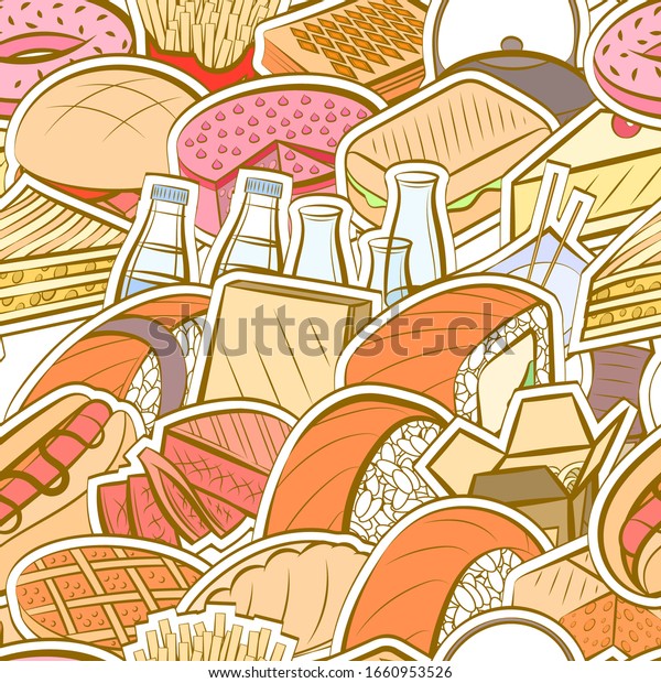 American food,\
Bakery products and Japanese food pattern. Background for printing,\
design, web. Seamless.\
Colored.