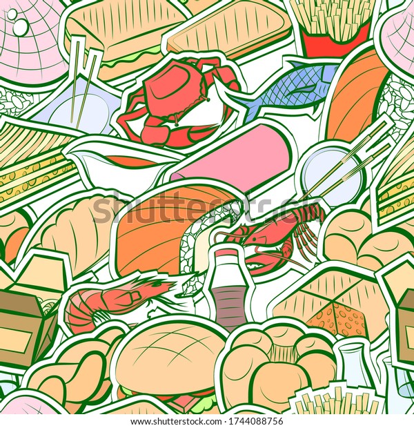 American food, Bakery products, Japanese food\
and Seafood pattern. Background for printing, design, web.\
Seamless. Colored.