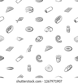 American food, Bakery products, Seafood and Table setting set. Background for printing, design, web. Usable as icons. Seamless. Monochrome binary, black and white.