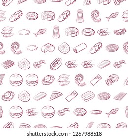 American food, Bakery products, Seafood and Table setting set. Background for printing, design, web. Usable as icons. Seamless. Color.