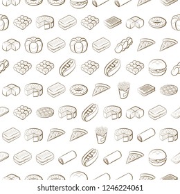 American food and Bakery products set. Background for printing, design, web. Usable as icons. Seamless. Color.