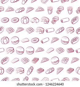 American food and Bakery products set. Background for printing, design, web. Usable as icons. Seamless. Color.